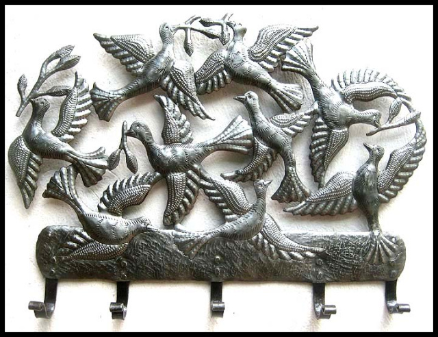 Metal wall hook, birds, Haiti Metal Art